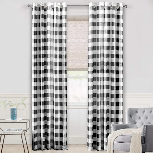 Vista 2 de Cortinas de cuadros de búfalo DriftAway a cuadros negro y blanco extralargas con tratamiento ojo de sargento para dormitorio y sala de estar
