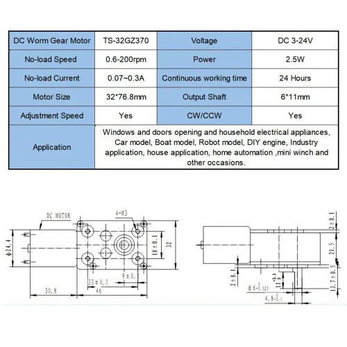 Vista 4 de Motor de engranaje helicoidal de 12V 110rpm DC 0.4lb.in Mini Turbina Worm Reductor Motor Autobloqueo Micro Gear Motor Reversible