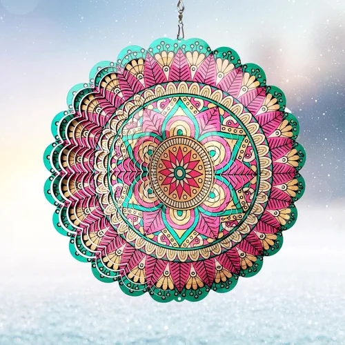 Vista 15 de Mandala Blossom Wind Spinner - Molinillos de Viento de Metal Escultura de Viento Colgante Cinética 3D de 12 pulgadas Cortada con Láser
