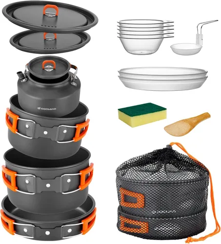 Vista 7 de Odoland 15pcs Camping Cookware Non-Stick Lightweight Camping Pots and Pans Set with Kettle Plastic Plates Bowls Soup Spoon for Camping, Backpacking