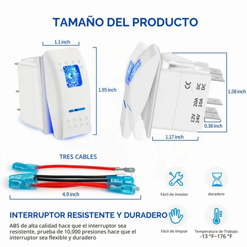 Vista 4 de Interruptor basculante blanco de 5 pines, luz LED azul de encendido/apagado, 20A/12V, 10A/24V, interruptor de palanca con cables de puente