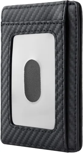 Vista 3 de Travelambo Cartera delgada de cuero minimalista con bolsillo frontal, bloqueo RFID, textura de fibra de carbono