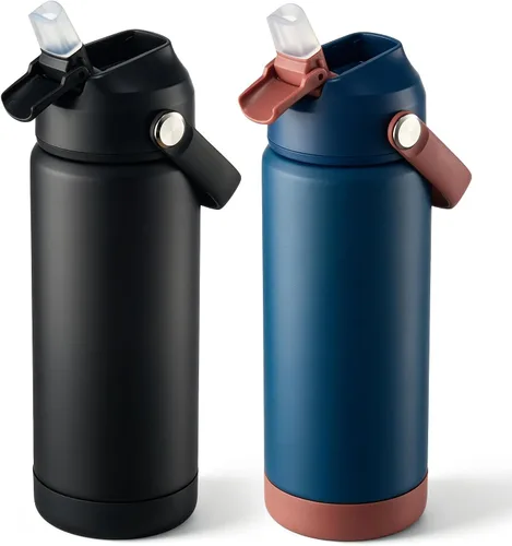 Vista 8 de Fijinhom Botella de agua aislada de 18 onzas con 2 tapas, botellas de agua de acero inoxidable, aspiradora de doble pared, mango portátil y parte