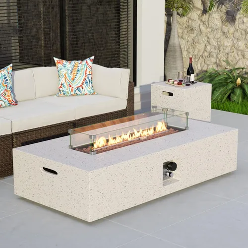 Vista 15 de COSIEST mesa de fogata a propano para exteriores de 35 pulgadas cuadrada de arenisca con protector contra el viento y mesa lateral, certificada