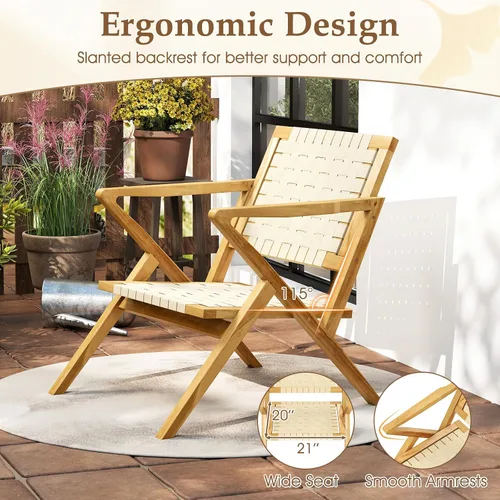 Vista 7 de Tangkula Silla de comedor de madera de teca para exteriores, sillón rústico de madera para patio con asiento y respaldo de cincha, para sala