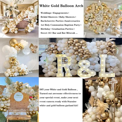 Vista 8 de Kit de guirnalda de globos de oro blanco – Kit de arco de globos de látex blanco y dorado, pared de globos de oro blanco para cumpleaños, baby