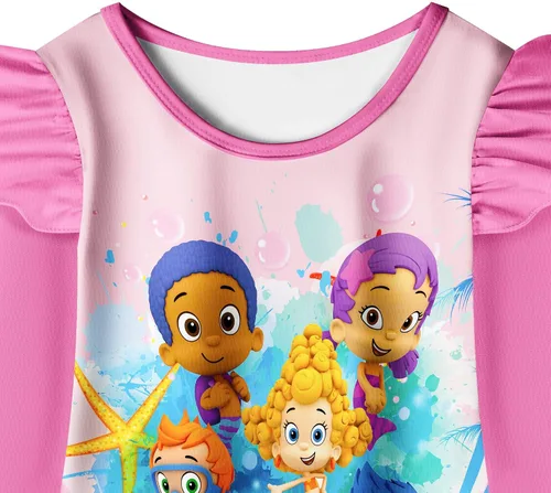 Vista 3 de Vestido de dibujos animados de burbujas para niñas pequeñas vestidos con estampado Guppy para niños vestido camisero de 3 a 6 años
