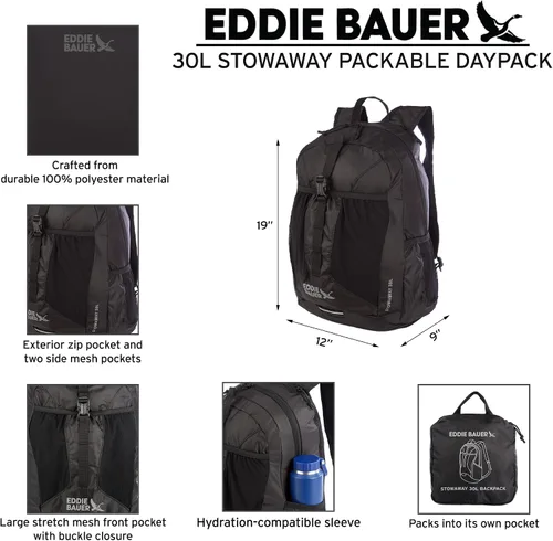 Vista 2 de Eddie Bauer Stowaway Mochila Empacable Viaje Exterior Ligera Plegable Duradera Poliéster Ripstop 30L - Cereza Negra