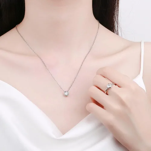 Vista 6 de Joyería clásica de circonita para mujer, juego de tres piezas de circonita geométrica redonda, anillo abierto, collar, aretes, joyería nupcial