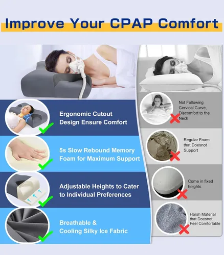 Vista 4 de IKSTAR Almohada CPAP 5.0 para dormir de lado, altura ajustable/soporte de cuello, almohada de espuma viscoelástica adecuada para todos los usuarios