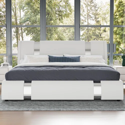 Vista 10 de WEEWAY Base de cama tamaño Queen con decoración moderna de piezas de hierro, cama de plataforma de piel sintética con cabecera ajustable curvada