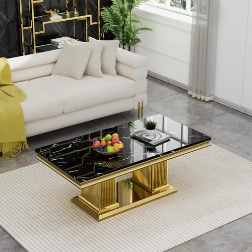 Vista 10 de SSLine Mesa de Centro Rectangular de Mármol Sintético para Sala de Estar, Mesa Central Moderna de Mármol Blanco de Lujo con Base Doble en Forma de U