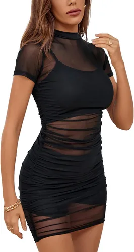 Vista 3 de Rooscier Vestido de malla para mujer, de manga corta, ajustado, de 3 piezas, con pantalones cortos
