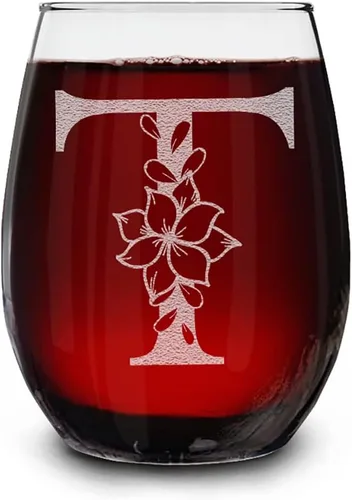 Vista 22 de Copa de vino sin tallo, con monograma floral, grabada con láser, 15 onzas, regalo inicial personalizado para ella (B)