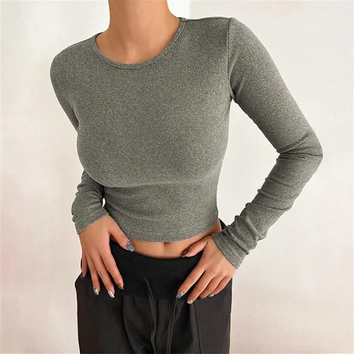 Vista 4 de Camisas de manga larga para mujer, ajustadas, casuales, básicas, para salir, ajustadas, cuello redondo, parte inferior ajustada