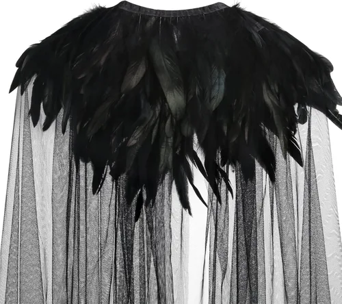 Vista 6 de Capa de Halloween para mujer, disfraz de bruja malvada Steampunk con cuello de plumas negras, capa de vampiro, disfraz de carnaval, accesorios