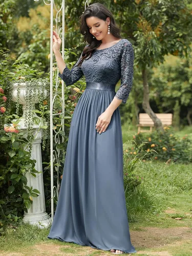 Vista 3 de Alisapan Vestidos de noche formales largos de encaje de gasa con manga 34 para mujer 7412