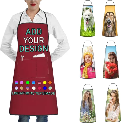 Vista 23 de Delantal personalizado con 2 bolsillos, personalizable con nombre, texto, logotipo, foto, cocina, horneado, delantal de cocina para mujeres y hombres