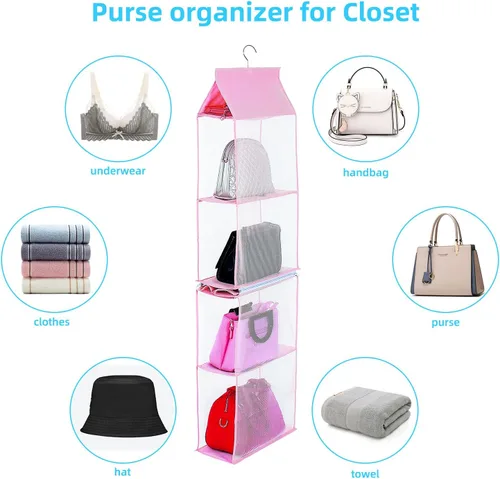 Vista 5 de KEEPJOY Organizador de bolso para armario, organizador de bolso colgante con 4 estantes de malla de alta resistencia (rosa)