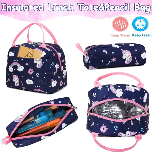 Vista 19 de Juego de mochila para niñas y adolescentes, mochila escolar para niños con bolsa para el almuerzo, estuche para lápices, mochilas escolares