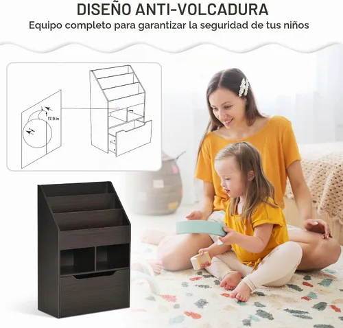 Vista 6 de HOMCOM Estantería para niños, organizador de estantes múltiples con cajón Marrón