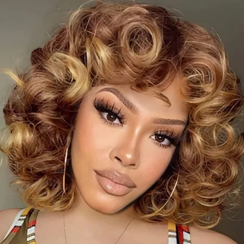 Vista 6 de Pelucas rizadas marrones para mujeres negras, peluca rizada afro suave con flequillo, suelta, bonita, rizada, resistente al calor, aspecto natural