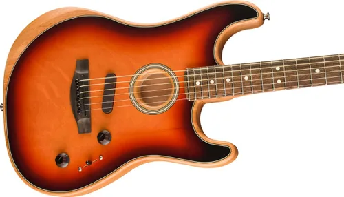 Vista 5 de Fender American Acoustasonic Stratocaster - Guitarra eléctrica acústica, 3 colores Sunburst, diapasón de ébano, con bolsa de concierto
