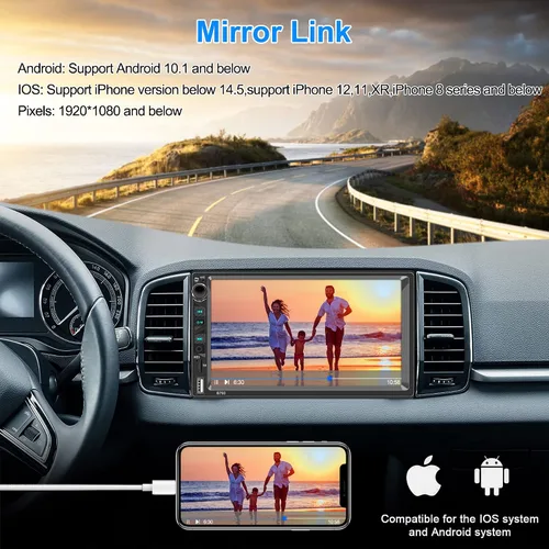 Vista 4 de Estéreo de coche de doble DIN compatible con control de voz Carplay y Android Auto-7 pulgadas HD LCD pantalla táctil, enlace espejo, subwoofer