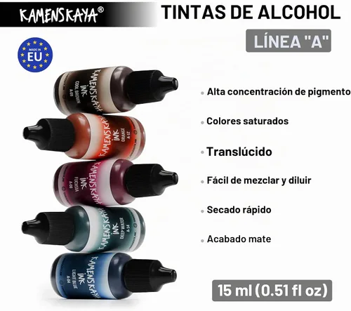 Vista 2 de Juego de tinta de alcohol Kamenskaya #10: Combinación de colores combinados de tintas de alcohol, 4 piezas. 0.51 fl oz (15 ml) cada una