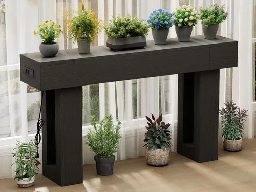 Vista 6 de Mesa consola de 63 pulgadas de largo con salidas y puertos USB, mesa rectangular estrecha para sofá detrás del sofá, mesa de entrada de granja