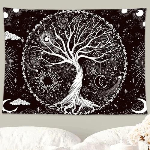 Vista 6 de Wonrizon Tapiz del árbol de la vida, tapiz espacial de galaxia en blanco y negro, decoración estética psicodélica para colgar en la pared para sala