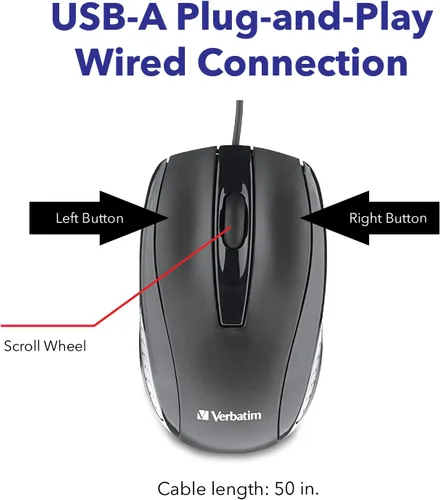 Vista 6 de Verbatim Ratón con cable para computadora, ratón USB con cable para laptops y PC - Uso para mano derecha o izquierda, Negro