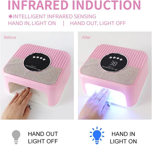 Vista 8 de LIMEGIRL Kit de lámpara de uñas LED UV para esmalte de gel profesional de secado rápido rosa juego de luz secadora con guantes de protección