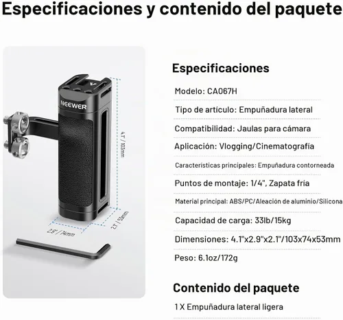 Vista 8 de NEEWER Mango lateral ligero, mango de jaula de cámara con agarre de silicona contorneado, tornillos dobles de 1/4 pulgadas, roscas de 1/4 pulgadas