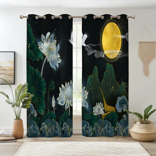 Vista 15 de Renaiss Cortinas de carpa para ventana, 29 pulgadas de ancho x 45 pulgadas de alto, pintura de tinta oriental, hojas de loto, lirio de agua negro