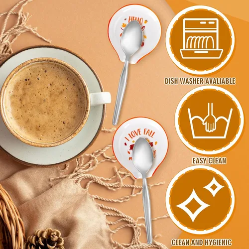 Vista 3 de Whaline Soporte para cucharas de cerámica de otoño, camión de calabaza, pequeño soporte para cucharas de café para agitadores de café, cucharadita