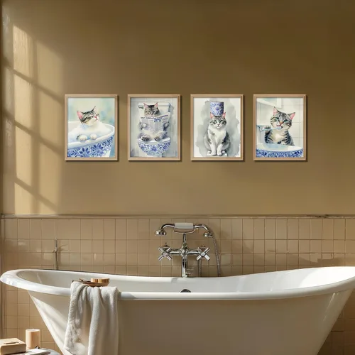 Vista 3 de DEQSX - Juego de 4 impresiones divertidas de arte de pared de baño de estilo chino azul y blanco con gatos, regalos para amantes de gatos, pósters