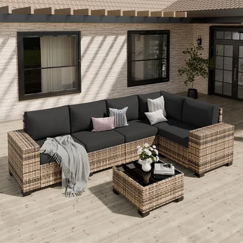 Vista 8 de Juego de muebles de patio, sofá modular de 6 piezas para exteriores con Amarillo-gris oscuro