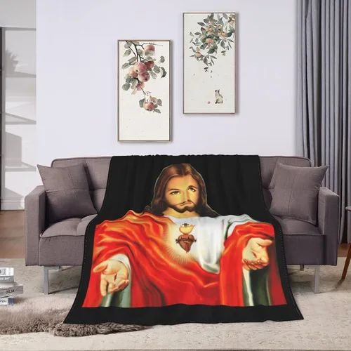 Vista 2 de Manta de franela ultrasuave del Sagrado Corazón de Jesús para habitación, manta de franela cálida