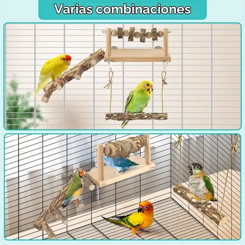 Vista 5 de DBNESS 4 perchas para pájaros con columpio, escalera de loro con bloques para masticar, jaula de pájaros, accesorios de gimnasio para conure