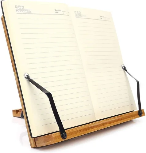 Vista 9 de wishacc Soporte de libros de bambú, bandeja ajustable para libros y clips de papel para páginas - Escritorio de lectura para libros de cocina