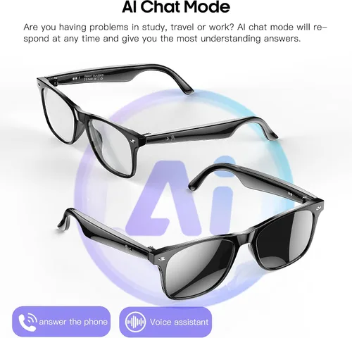 Vista 5 de Lentes inteligentes de traducción AI para hombres y mujeres, gafas de sol Bluetooth 6.0, protección UV, asistente de voz, audio de oído abierto