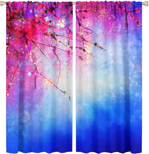 Vista 12 de Cortinas opacas con diseño floral de galaxia azul abstracta para dormitorio, cortinas de ventana de teñido anudado con diseño de flor de cerezo