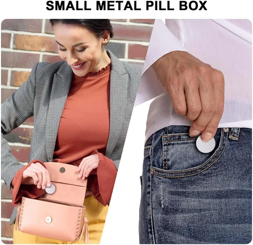 Vista 2 de Pastillero pequeño para bolsillo de bolso, pastillero de metal, portátil, impermeable, organizador de medicamentos para píldoras, vitaminas, aceite