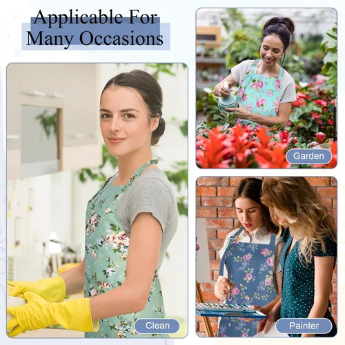 Vista 6 de Auidy_6TXD Paquete de 3 delantales florales para mujer, delantales de cocina ajustables con 2 bolsillos, delantal vintage con diseño floral de rosa