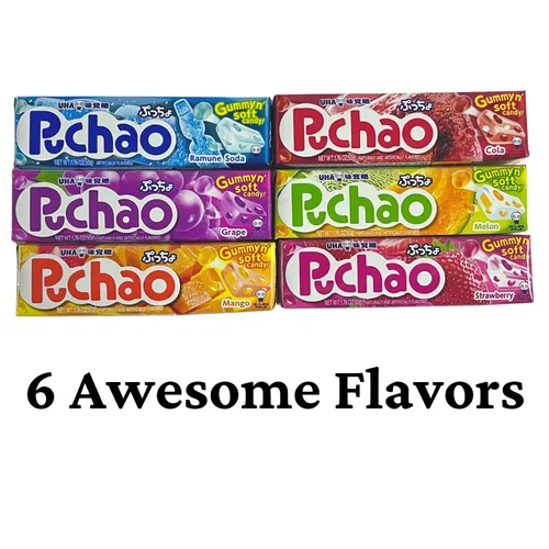 Vista 2 de Puchao Gummy n' Soft - Caramelos masticables japoneses (paquete de 6) de cola, ramune, uva, fresa, melón, mango surtido de regalo