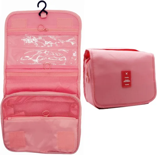 Vista 2 de Neceser colgante – Organizador grande de viaje de maquillaje cosmético para hombres y mujeres con gancho resistente, Rosado