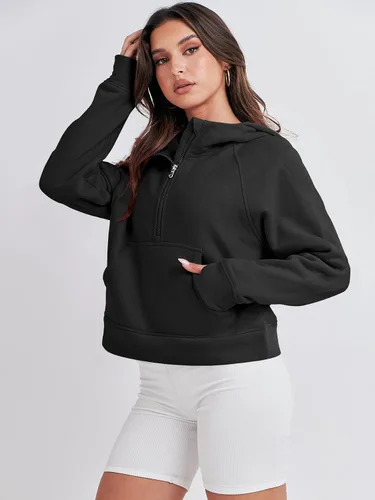 Vista 4 de ANRABESS Sudaderas con capucha corta con media cremallera para mujer, sudadera de forro polar con cremallera de un cuarto, ropa de invierno 2023