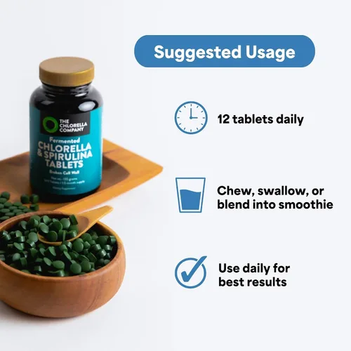Vista 4 de Tabletas fermentadas de clorella y espirulina, 540 tabletas (suministro de 1.5 meses) Pared celular rota para absorción de nutrientes, superalimento
