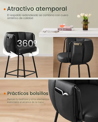 Vista 4 de SONGMICS HOME Juego de 2 taburetes de bar giratorios de 360° con respaldo curvo, taburetes de bar tapizados con reposapiés, patas cónicas de metal